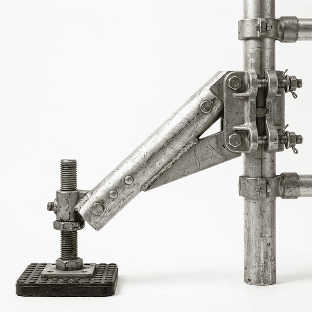 Complete scaffold outrigger system used to illustrate stability planning for 8m tower packages