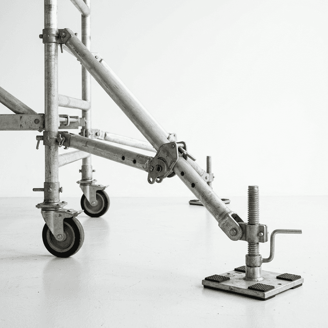 Extended scaffold outrigger support used to illustrate higher-height stabilization requirements