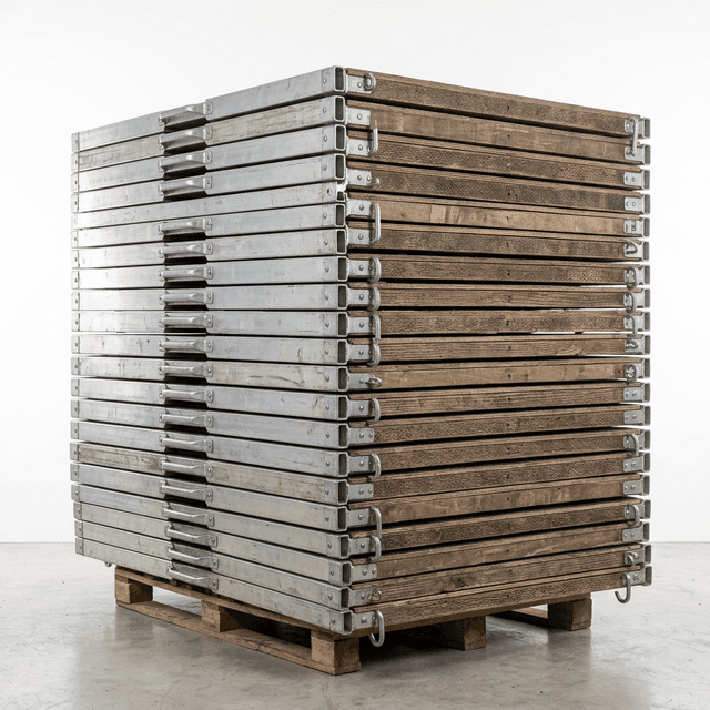Bulk stack of aluminium scaffold platforms used to illustrate commercial package planning for 10m towers